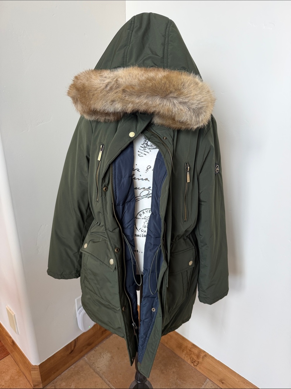 Olive Green Parka Coat with Faux Fur Trim - Women's Jacket